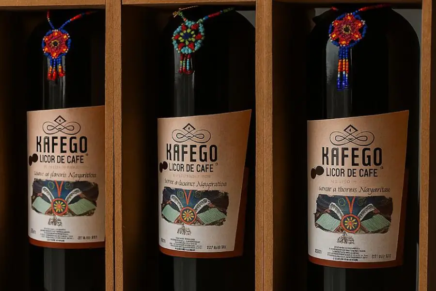 Botellas de licor de café Kafego con etiqueta artesanal